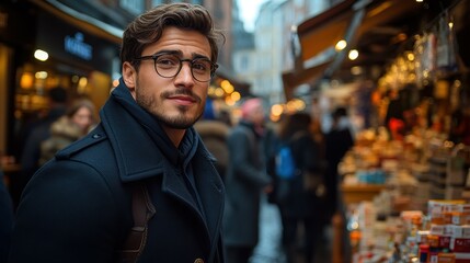 Fototapeta premium A young man stands in a crowded market, wearing glasses and a dark coat. People shop nearby, surrounded by colorful stalls filled with goods and a lively atmosphere