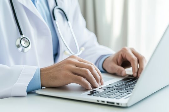 Doctor typing notes on laptop in a bright medical office during a day of patient consultations
