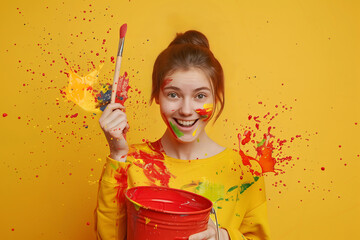 Young woman holding a paintbrush and a red bucket, splashing paint on a yellow background and on her face, creating a colorful and messy effect that inspires creativity.