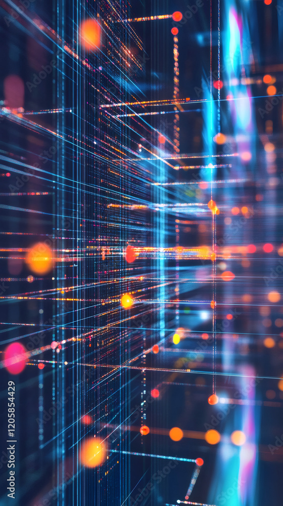 Poster futuristic server room visualizing data transfer within a complex network infrastructure, featuring 