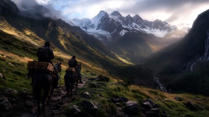 Majestic Mountain Trek: Riders on Horses Journey Through Breathtaking Scenery