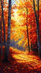Obraz premium A vibrant autumn forest pathway illuminated by golden leaves.