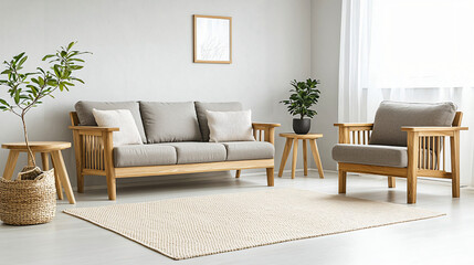 A minimalist living space featuring light wood furniture, white flooring, a beige wool rug, and a grey sofa, with natural light from a window and a small potted plant.