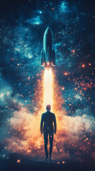 Fototapeta premium Businessman staring skyward, rocket launching through starry darkness, symbolizing entrepreneurial vision and cosmic aspiration