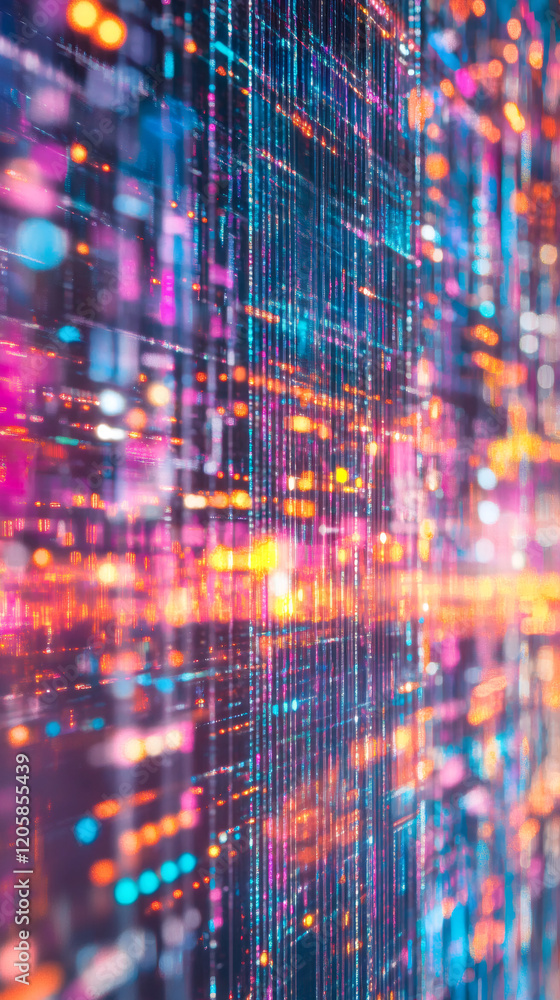 Leinwandbilder Vertical lines of colorful digital information creating a technological futuristic background with bokeh effect