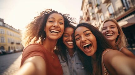 Fototapeta premium Four joyful friends smiling together in a sunny outdoor setting, capturing a fun moment.