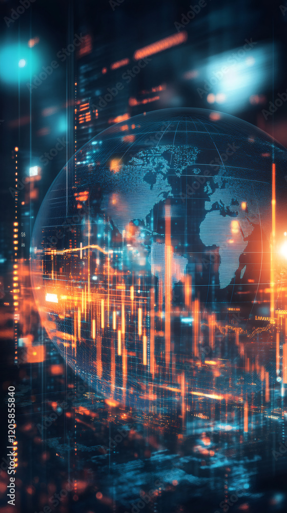 Poster complex software analyzing global market data and generating colorful financial graphs over planet e