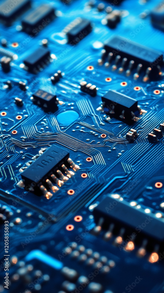 Aufkleber microchip circuit board glowing blue, revealing complex electronic pathways and interconnected techn
