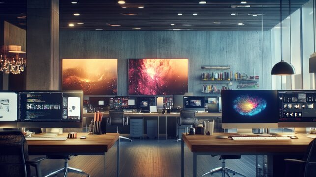 Modern studio editing suite, cityscape backdrop,  teamwork, post-production