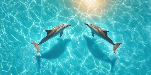 Dolphins leaping in turquoise waters boat view nature bright midday sun ocean wildlife