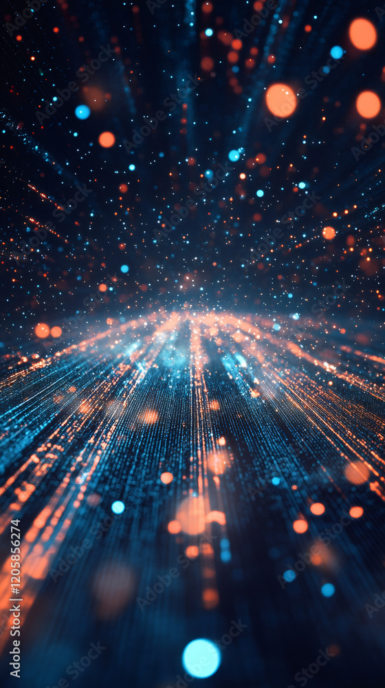 Fototapete blue and orange particles flowing on dark background, creating a fast data stream effect with glowin