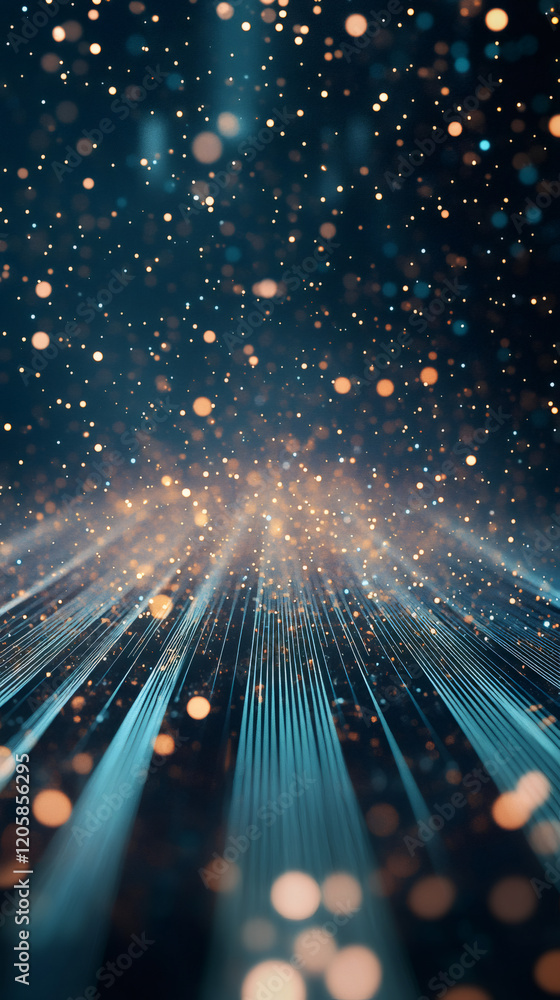 Poster glowing fiber optic strands transmitting digital data, illuminating network connections with vibrant
