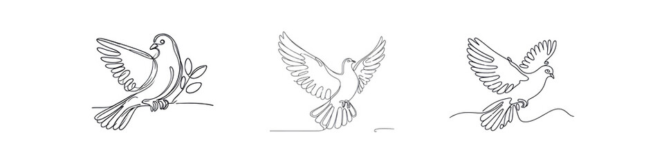 Obraz premium Set of One continuous line drawing of white dove, line art image, isolated over on transparent white background