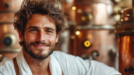 A dedicated distillery worker smiles warmly while surrounded by gleaming copper stills, showcasing his passion for distilling spirits in a lively workshop atmosphere