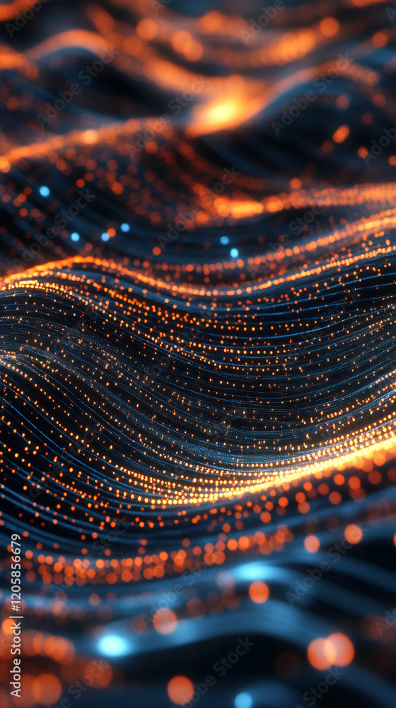 Poster creating an abstract background filled with glowing particles, forming dynamic wavy lines in an expa