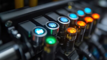 Close up of vibrant led lights glowing on advanced machinery, showcasing the intricate details and technological advancements in modern manufacturing processes