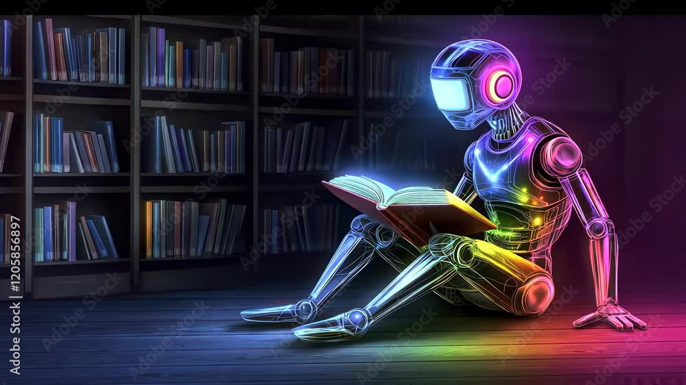 Poster futuristic robot reading in a dimly lit library