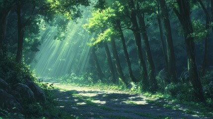 Sunbeams Illuminate Forest Path, Nature Wallpaper