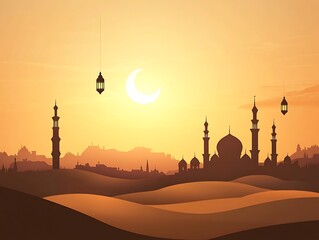 Obraz premium Desert Cityscape Sunset Silhouette Mosques Lanterns Moon