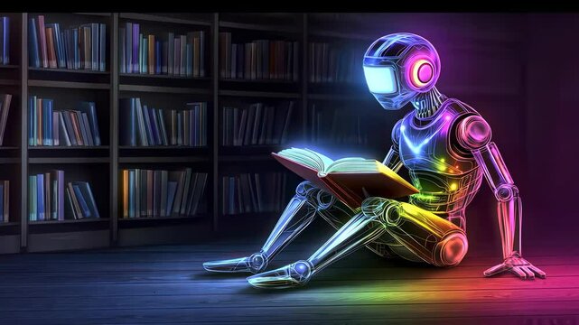 Futuristic robot reading in a dimly lit library