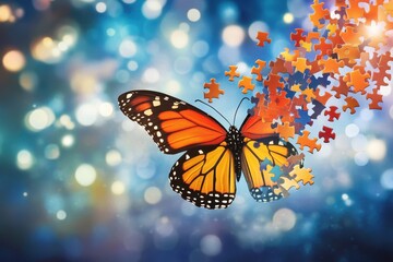 Colorful Butterfly Emerging from Puzzle Pieces Against a Dreamy Blue Background with Soft Glowing Bokeh Lights Representing Transformation and Creativity in a Unique Artistic Concept