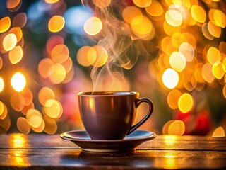 Double Exposure Coffee Cup Bokeh Background - Warm Morning Drink Stock Photo