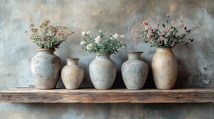 Rustic pottery vases with wildflowers on wooden shelf against textured wall.