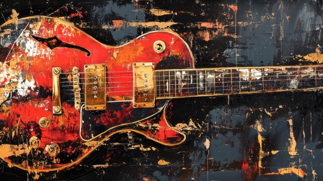 Red electric guitar, abstract art, grunge background, music poster