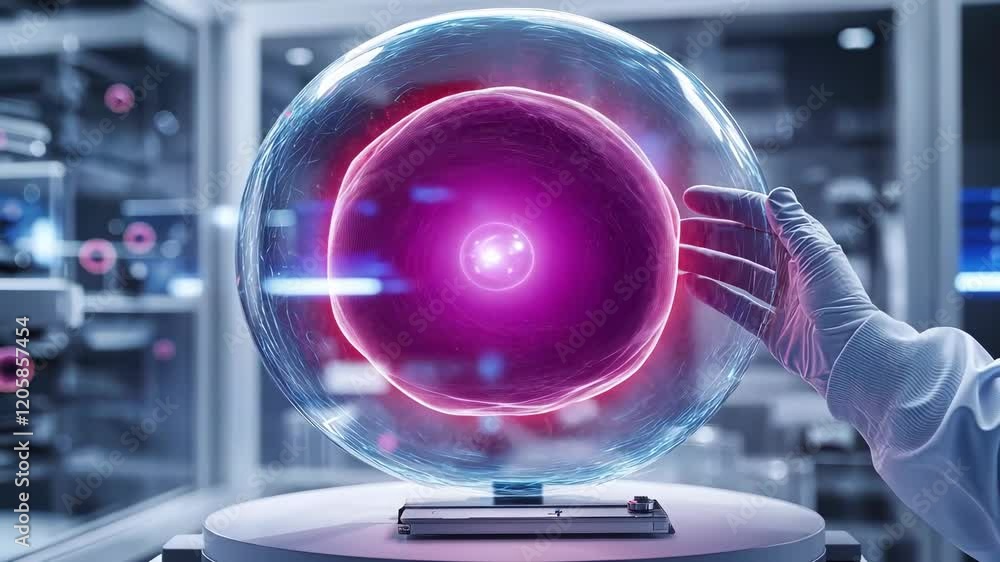Poster glowing cell model in futuristic lab setting with hand interaction