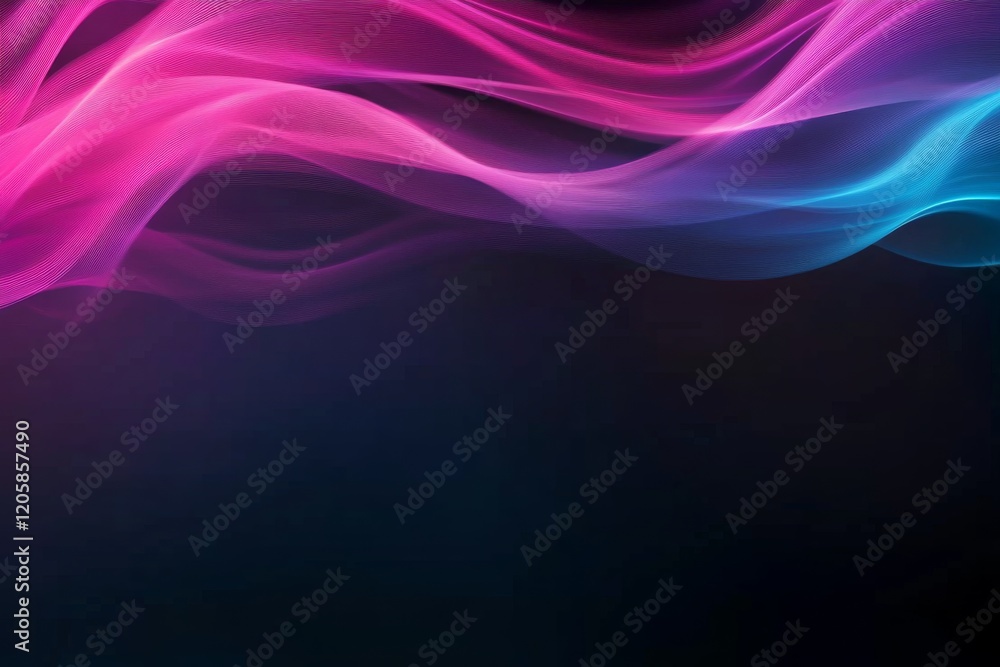 Poster close-up view of a vibrant neon wave curving across a dark backdrop, featuring soft glowing highligh
