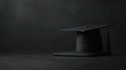 Graduation cap, laptop, dark studio, achievement, education