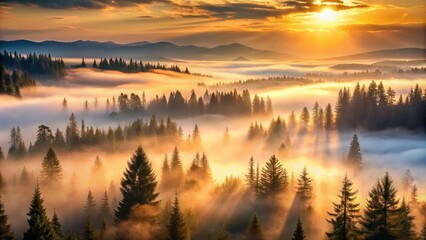 Fototapeta premium Golden Sunrise Illuminates Misty Mountain Forest, Creating a Breathtaking Panorama of Nature's Majesty