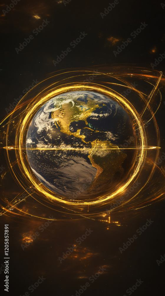 Aufkleber planet earth rotating in space surrounded by golden light trails, stars and nebulas in the backgroun