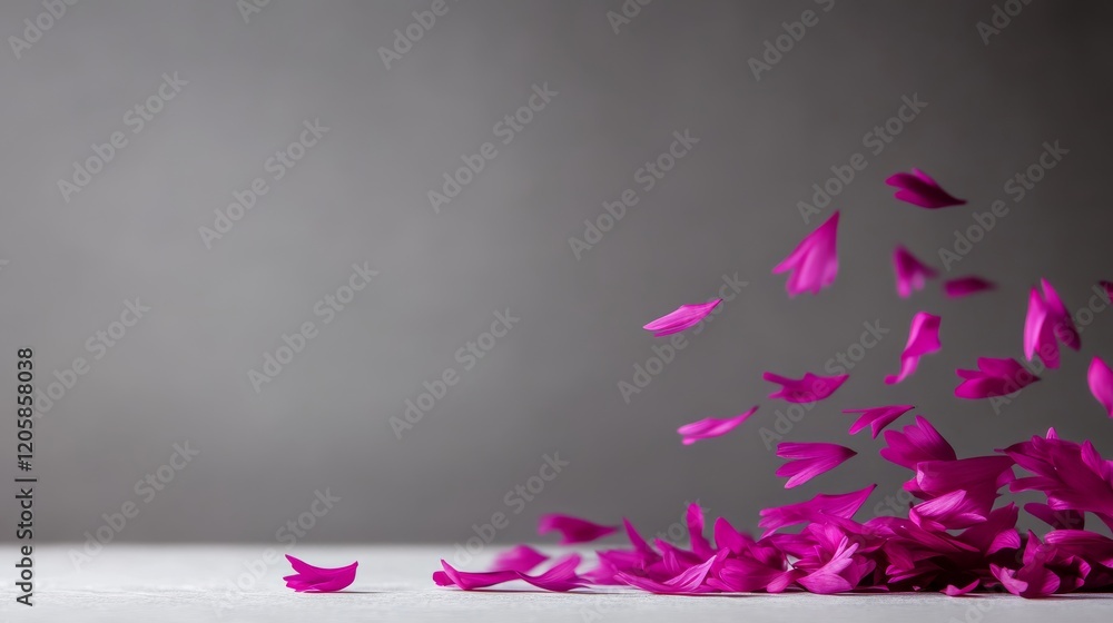 Poster delicate pink daisy petals are arranged in a spiral pattern on a white textured surface, highlightin
