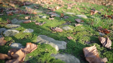 Autumn leaves on mossy stones, park path, sunlight, nature background, website design