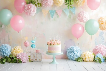 there is a cake with flowers and balloons on the table
