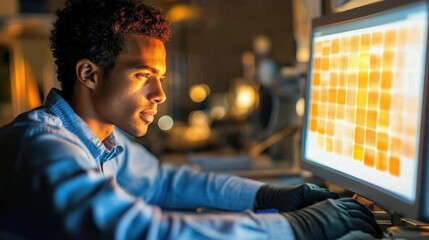 A young man wearing gloves intently studies various patterns and colors displayed on a computer screen. The atmosphere is dimly lit, enhancing his concentration in a tech-focused environment