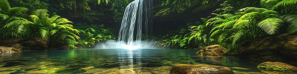 Breathtaking tropical jungle with a waterfall cascading into a crystal-clear pool