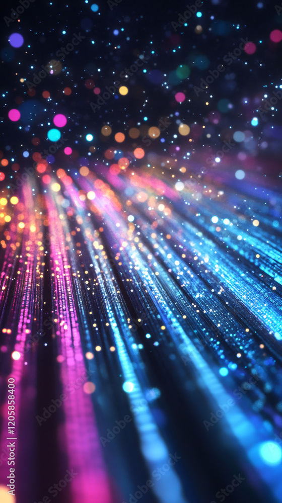 Poster vibrant bokeh particles shimmering, luminescent light fragments dancing against deep darkness, creat