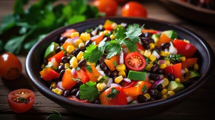 Vibrant salad with tomatoes, corn, black beans, and fresh herbs in a rustic bowl.