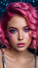 Fototapeta premium Close-up portrait of a woman with vivid pink hair, glitter makeup, and striking features, showcasing creative beauty.