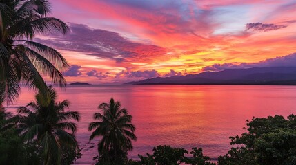 Obraz premium Vibrant tropical sunset over calm ocean, island backdrop, travel brochure