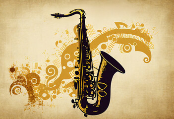 Naklejka premium Brass saxophone background with an abstract vintage distressed texture which is a musical wind instrument used in blues, rock, jazz and classical music, stock illustration image