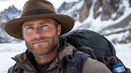 Fototapeta premium A man wearing a wide-brimmed hat and a sturdy backpack stands against a backdrop of jagged mountains and snow. He looks determined and ready for adventure in a remote wilderness