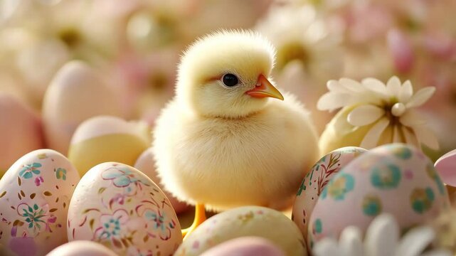 Adorable chick among pastel easter eggs and delicate spring flowers