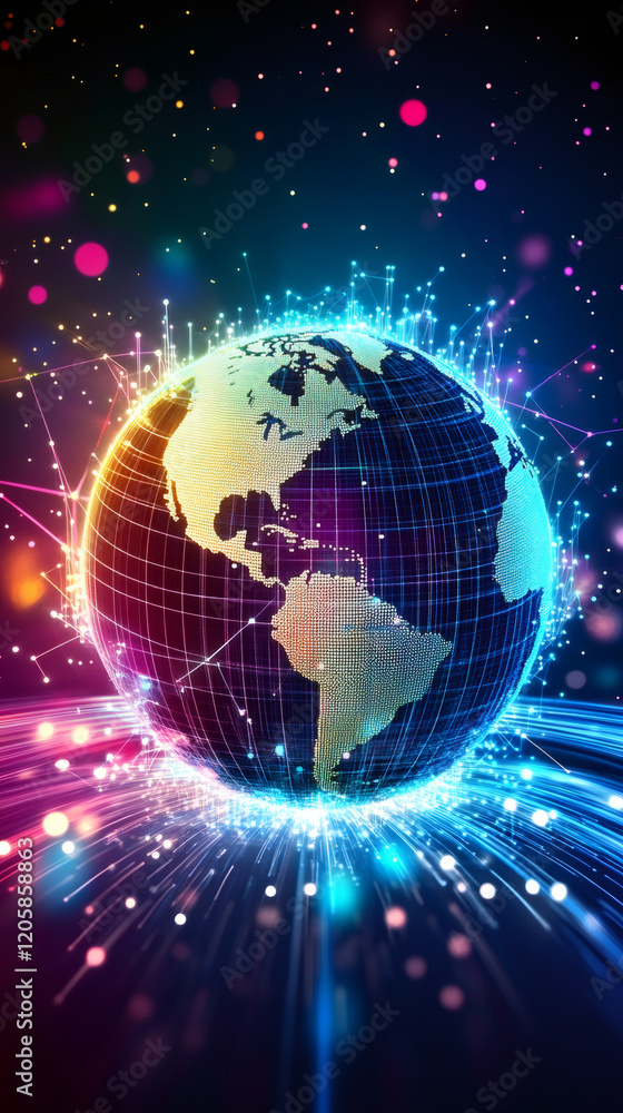 Aufkleber planet earth rotating in space with colorful lights and network connections, representing global com