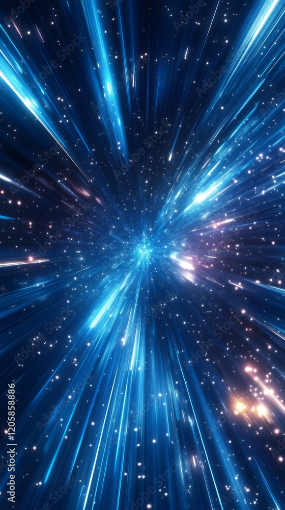 Poster bright blue and white trails and particles exploding from the center against a dark blue background,
