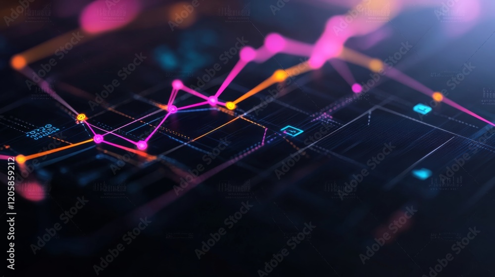 Leinwandbilder Close-up view of a glowing digital map featuring connections that represent blockchain technology in finance, healthcare, and supply chain management