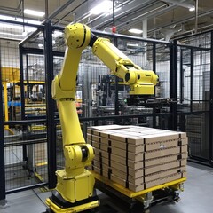 Yellow robot arm lifts boxes in factory warehouse