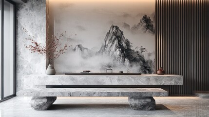 Modern Asian-inspired interior with zen-like tea station
